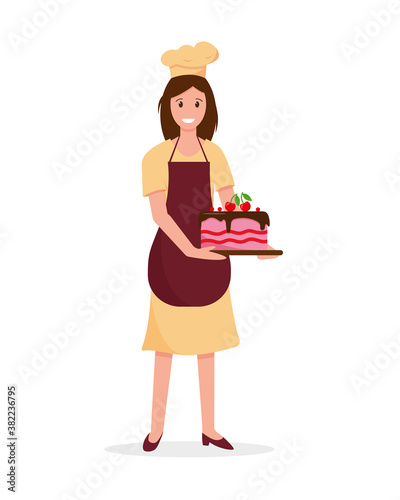 Baker woman with beautiful cake in hand.