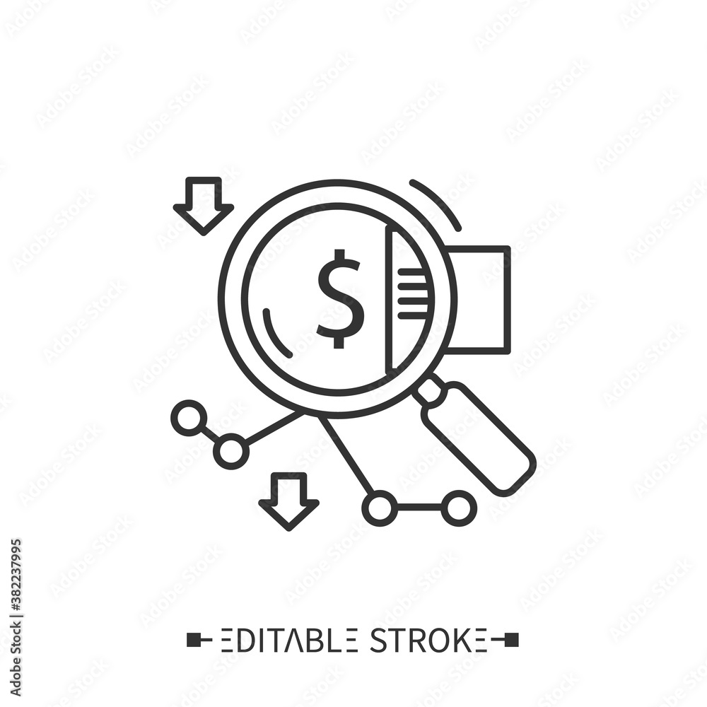 Cost reduction analysis line icon. Accountancy. Expense decline. Economic analysis. Stages and elements of a successful production cycle. Editable stroke Cost reduction analysis line icon. Accountancy. Expense decline. Economic analysis. Stages and elements of a successful production cycle. Editable stroke