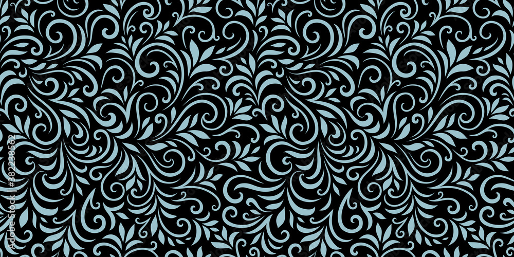 Vector seamless pattern with leaves and curls. Monochrome abstract floral background. Stylish monochrome texture. Vector seamless pattern with leaves and curls. Monochrome abstract floral background. Stylish monochrome texture.