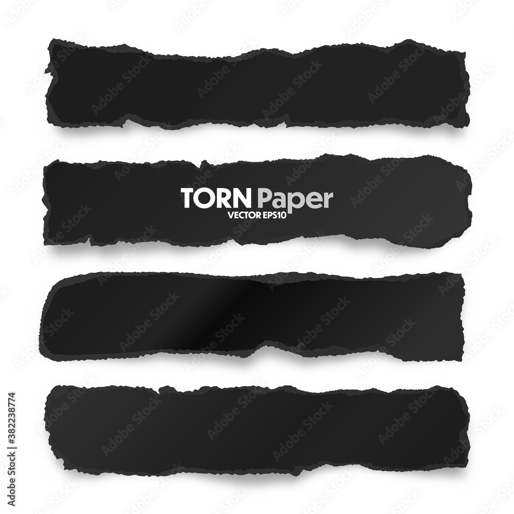Ripped black paper strips. Realistic crumpled paper scraps with torn edges. Shreds of notebook pages. Vector illustration