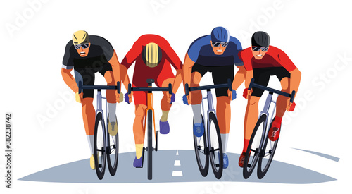 Men's bicycle race. Cyclists at the finish line are fighting for the victory. Final sprint front view. Athletes on bikes are finishing the race and pushing each other with elbows. Vector flat design