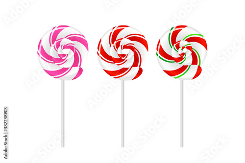 Set of realistic spiral striped colorful lollipops on white sticks isolated on white background. Vector illustration.