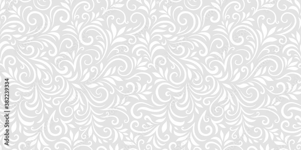 Vector seamless pattern with leaves and curls. Monochrome abstract floral background. Stylish monochrome texture.