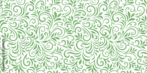 Vector seamless pattern with leaves and curls. Monochrome abstract floral background. Stylish monochrome texture.