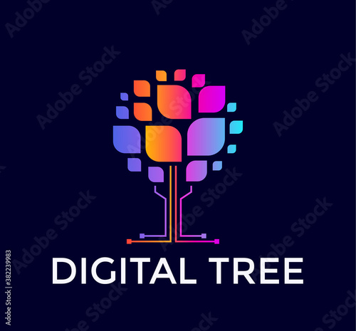 Digital tree logo, colorful tree icon, colored leaf, computer data base, flat logo template, minimal style emblem. Concept logotype design for business, web and presentation. Vector logo