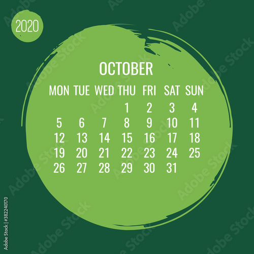 October year 2020 monthly circle brush stroke calendar