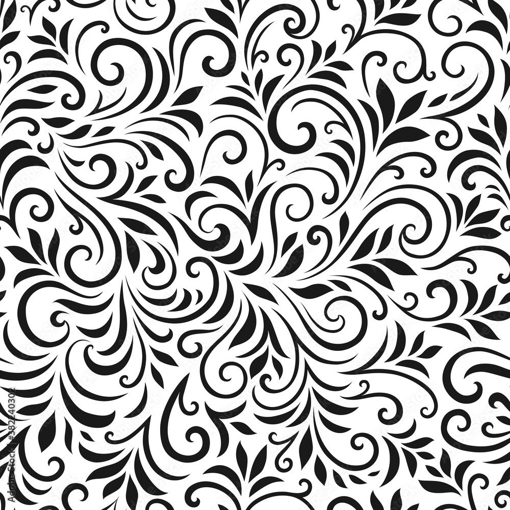 Vector seamless pattern with leaves and curls. Monochrome abstract floral background. Stylish monochrome texture. Vector seamless pattern with leaves and curls. Monochrome abstract floral background. Stylish monochrome texture.