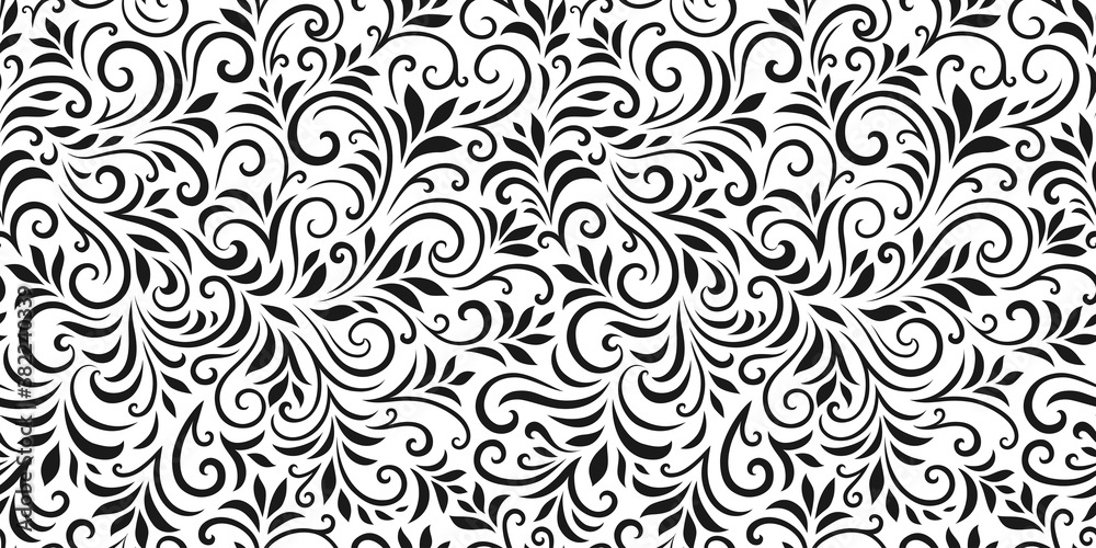 Vector seamless pattern with leaves and curls. Monochrome abstract floral background. Stylish monochrome texture. Vector seamless pattern with leaves and curls. Monochrome abstract floral background. Stylish monochrome texture.