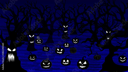 Halloween pumpkins and castle illustration. Halloween night celebration. Style composition Background Halloween . Hill with trees and mushrooms and pumpkins. Vector image