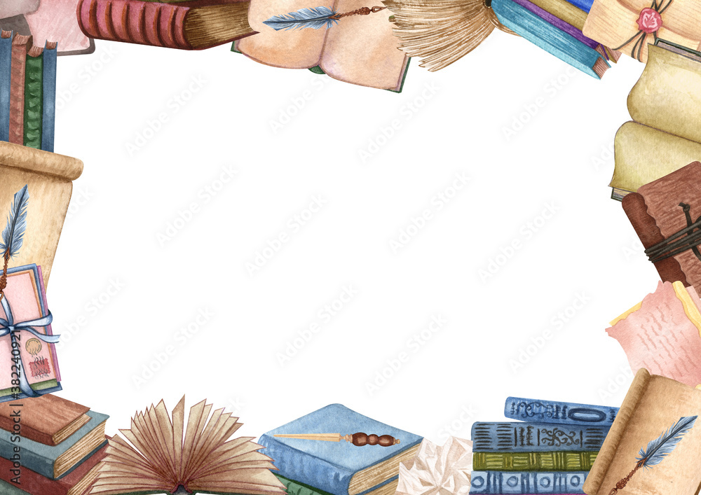 Watercolor book frame, education art library, bookshelves hand drawn