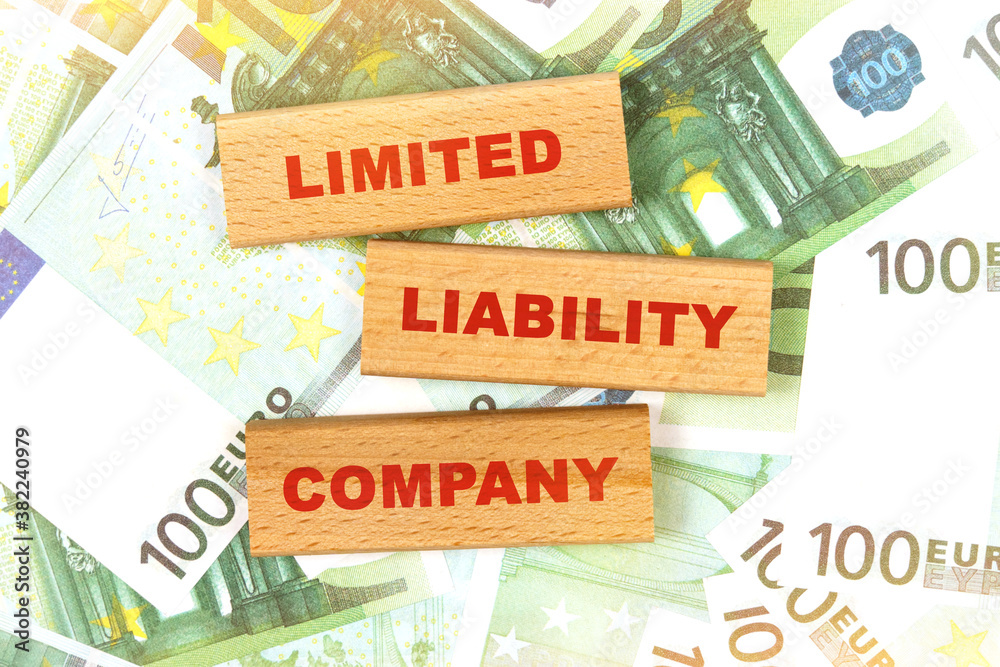 Against the background of euro bills, the text is written on wooden blocks - limited liability company Against the background of euro bills, the text is written on wooden blocks - limited liability company
