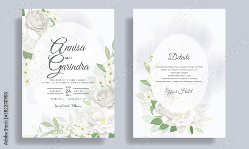  Elegant wedding invitation card template with white floral and leaves Premium Vector