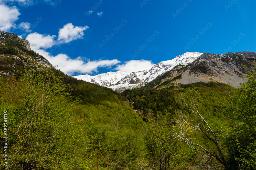 Landscape view of mountains with snowy peaks. Huesca, Aragon