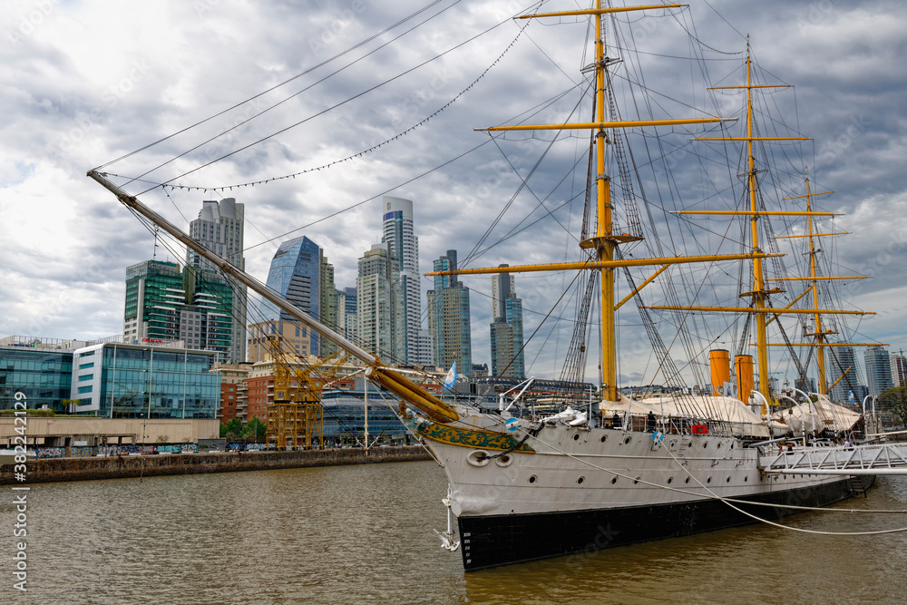 View over the city skyline at Puerto Madero with the frigate Sarmiento, Buenos Aires, Argentina View over the city skyline at Puerto Madero with the frigate Sarmiento, Buenos Aires, Argentina