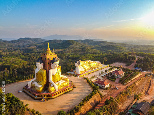 Aerial by drone of the huge sitting and reclining Buddhas, Ko Yin Lay, Pupawadoy Monastery near Ye, Mon state photo