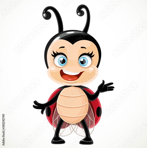 Cute happy cartoon smiling little ladybug stand on a white background