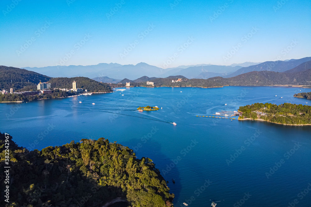 Aerial by drone over Sun Moon Lake, National Scenic Area, Nantou county, Taiwan