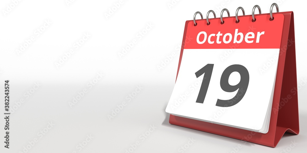 October 19 date on the flip calendar page, 3d rendering