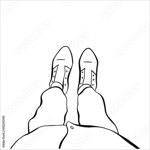 Illustration of a person in boots, top view.  Vector linear icon of going legs in shoes isolated on white background. Fall mood.