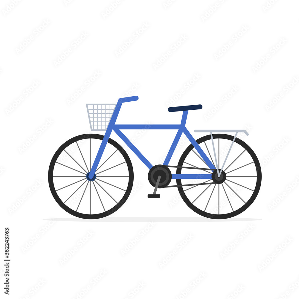 Blue bicycle isolated on white background. Vector illustration of urban bike with basket, ecological transport for sport and health. Flat style