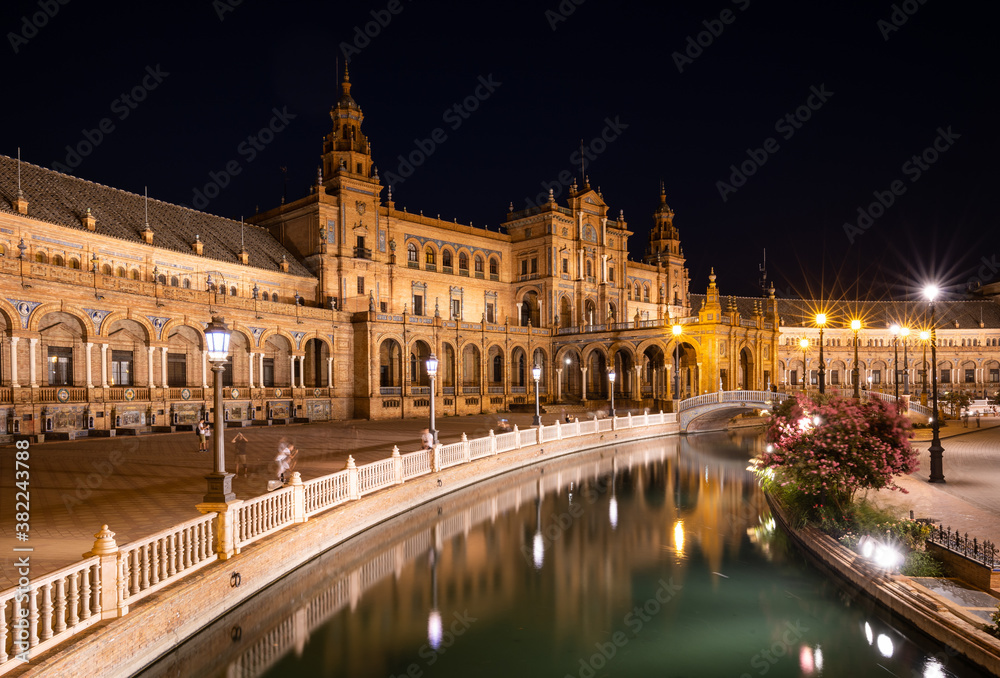 The Plaza de Espana at night, Parque de Maria Luisa, Seville, Andalusia, Spain The Plaza de Espana at night, Parque de Maria Luisa, Seville, Andalusia, Spain