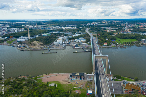 Aerial view by drone of Radasten Art Hall and Alvsborgsbron bridge crossing to Hesingen (Hisingen) Island, Gothenburg, Sweden, Scandinavia photo