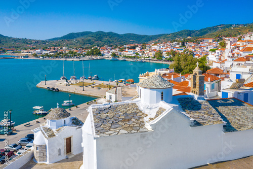 View of town and port at the island Skopelos, northern Sporades, Greece © gatsi
