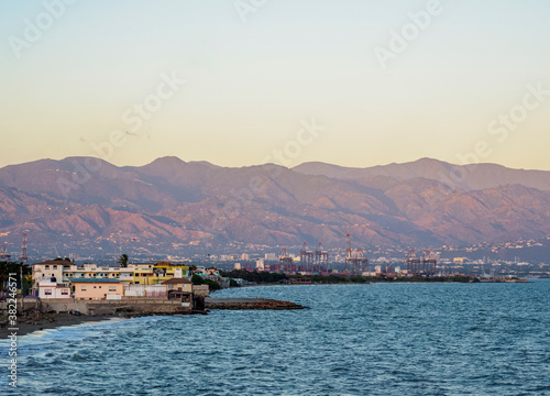 View over Cagway Bay towards Kingston and Blue Mountains at sunset, Portmore, Saint Catherine Parish, Jamaica, West Indies, Caribbean, Central America