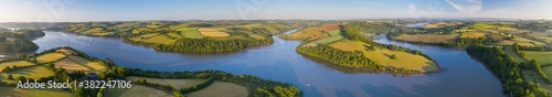 Early morning aerial panoramic of the River Dart estuary, Stoke Gabriel, South Hams, Devon photo