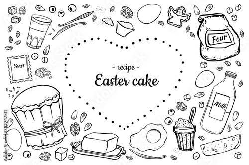 Easter cake and ingredients black outline on white background. In the shape of a heart inversion. Place for text.