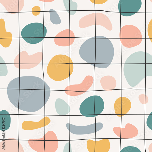 Seamless abstract pattern. Hand drawn various shapes objects with lines abstract contemporary modern trendy vector illustration. Stamp pastel warm color texture background for fabric textile EPS 10