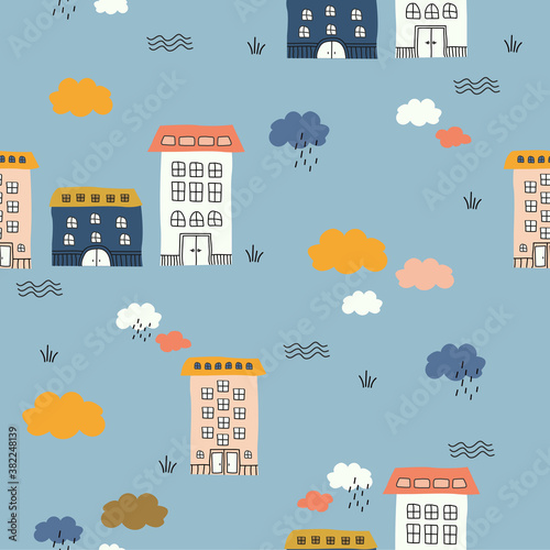 Seamless doodle pattern. Hand drawn city houses objects modern contemporary trendy vector illustration. Little cute town houses with clouds. Pastel color texture blue warm background EPS 10