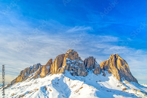 Dolomites landscape panorama in winter, Italy, Sassolungo / Langkofel