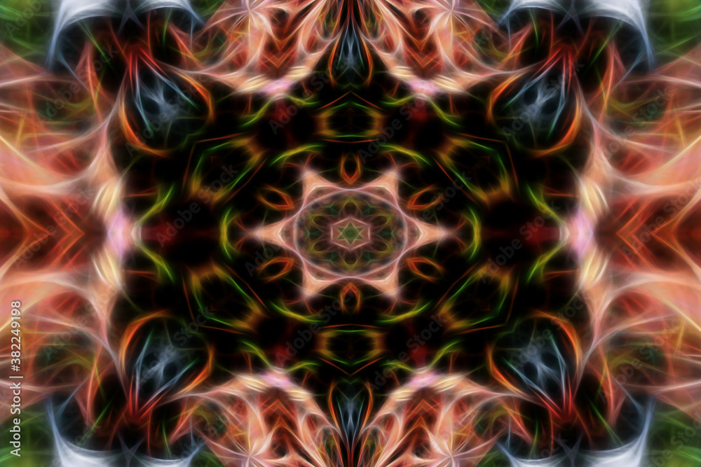 Abstract orange-green kaleidoscope background.