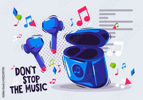 vector illustration of portable wireless headphones with charging case, listen to music with headphones on music notes, music don't stay away