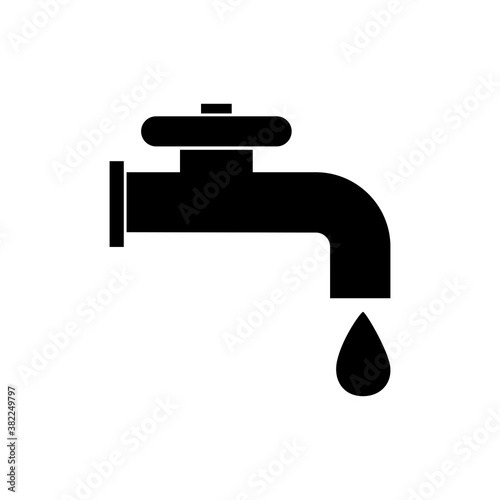 Water tap icon. Water leakage symbol. Plumbing logo. Black insulated faucet for water. Vector illustration. Stock image.
