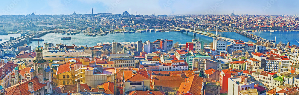 Panorama of thre bridges above Golden Bay Horn, Istanbul, Turkey - obrazy, fototapety, plakaty 