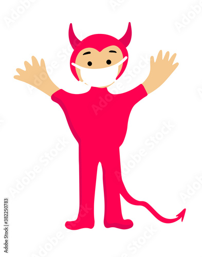 halloween cartoon character in covid-19 pandemic. scary cute demon in protective mask.