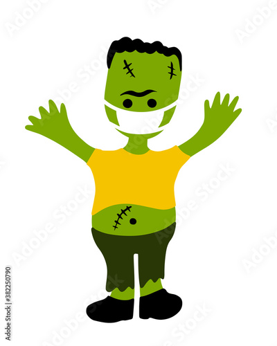 cartoon character for halloween in covid-19 pandemic. scary cute frankenstein creature in protective face mask.