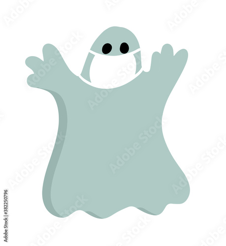 halloween cartoon character in covid-19 pandemic. scary cute ghost in protective mask.