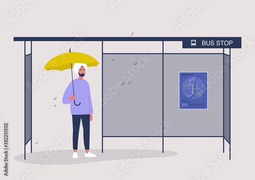 Rainy autumn weather, an indian male character waiting a bus under the yellow umbrella