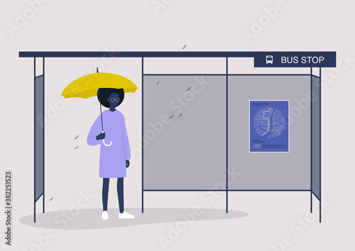 Rainy autumn weather, a black female character waiting a bus under the yellow umbrella