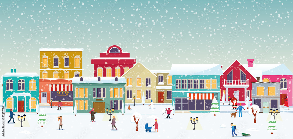 City life in winter. People walking. Snowy day. Vector.
