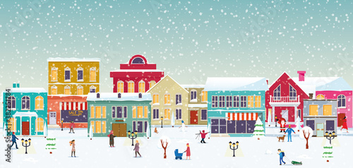 City life in winter. People walking. Snowy day. Vector.