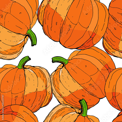 vector seamless background with bright holiday pumpkins for design. doodles