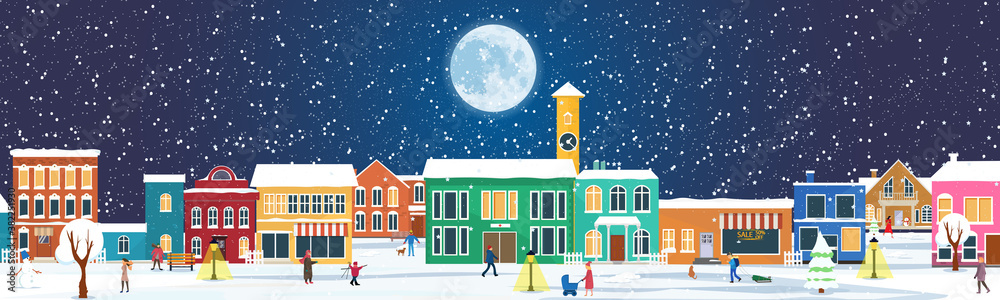 Fototapeta Panorama with winter cityscape and people. Snowy night in a cozy city. Winter Christmas village with night landscape. People walking in winter. Snowfall. Vector