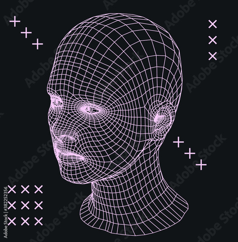 Low poly 3D head, human face structure made of grid. Biometrics, Facial Recognition and Cyber Security concept.