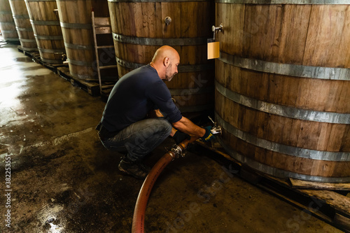 49 years old wine maker working to produce new wine for his winery photo