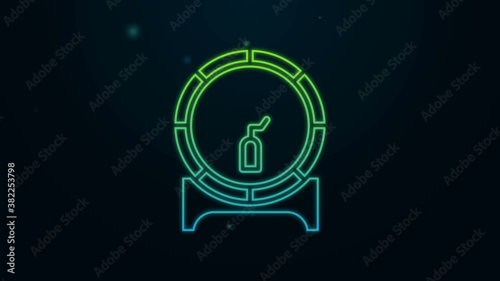 Glowing neon line Wooden barrel on rack with stopcock icon isolated on black background. 4K Video motion graphic animation Glowing neon line Wooden barrel on rack with stopcock icon isolated on black background. 4K Video motion graphic animation