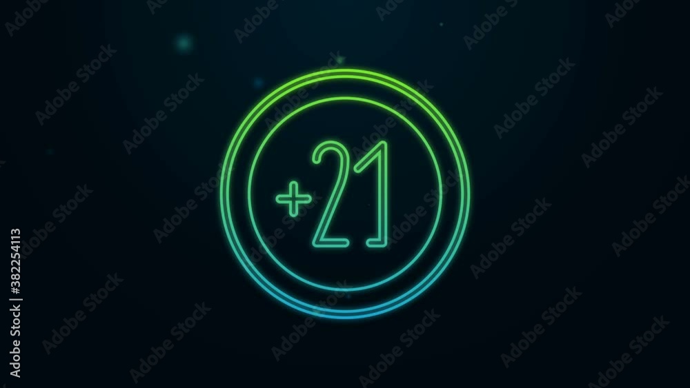 Glowing neon line Alcohol 21 plus icon isolated on black background. Prohibiting alcohol beverages. 4K Video motion graphic animation